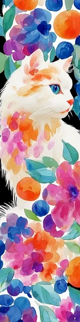 Cat bookmarks featuring leaves and frlowers around a white cat with orange spots